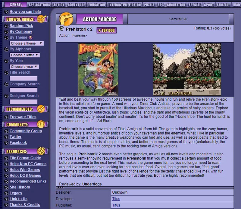 Entries on the site would consist of a screenshot, box art, short review, as well as details of the year of publication, developer, publisher, lead designer, system requirements, and recommendations for other games that were similar in either genre or theme.